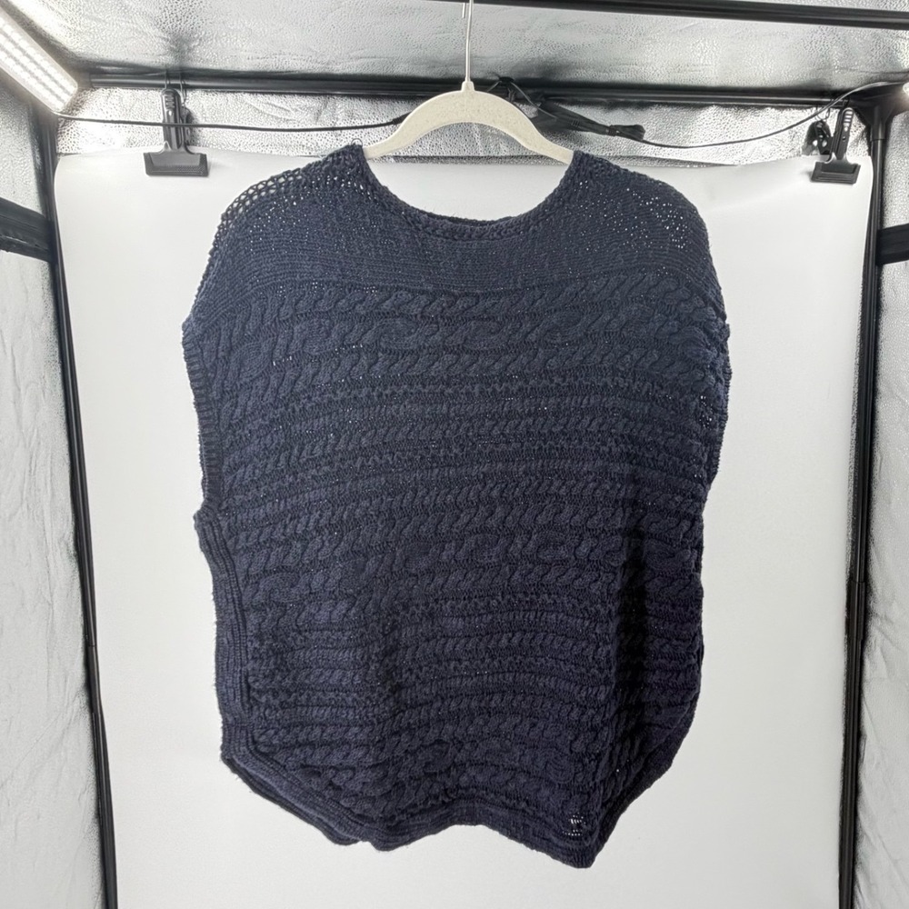 Talbots Navy Blue Cable Knit Cotton Linen Sweater‎ Small Sleeveless Crew Neck